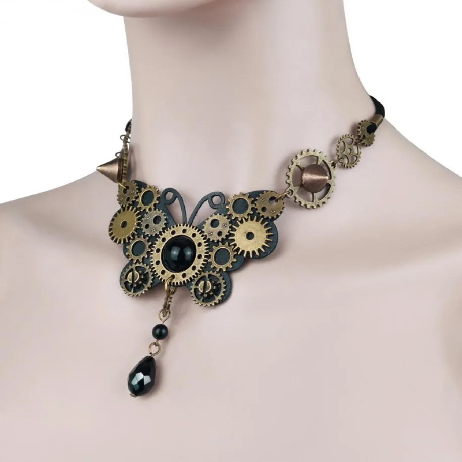 Vintage Punk Style Small Bronze Gears Covered Butterfly Steampunk Choker Necklace