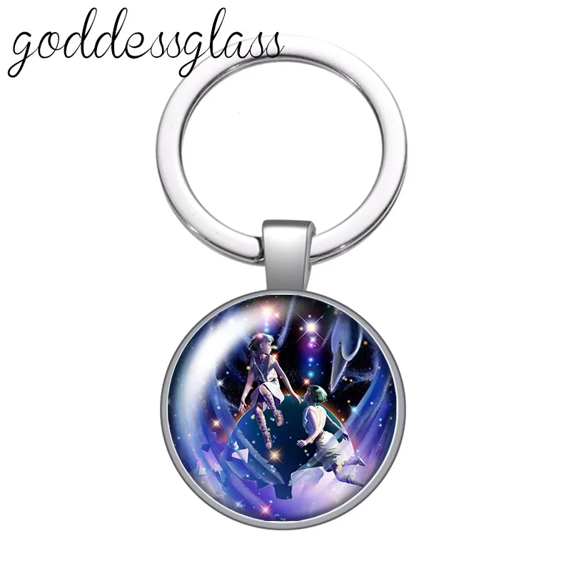 12 constellations Animals Zodiac Signs round glass cabochon keychain Bag Car key chain Ring Holder Charms keychains Gifts