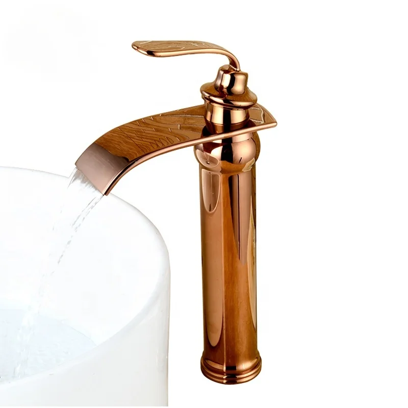 Popular Brass Rose Gold Waterfall Bathroom Sink Faucet Mixer Single Hole Washbasin Cold Hot Water Tap XR1352