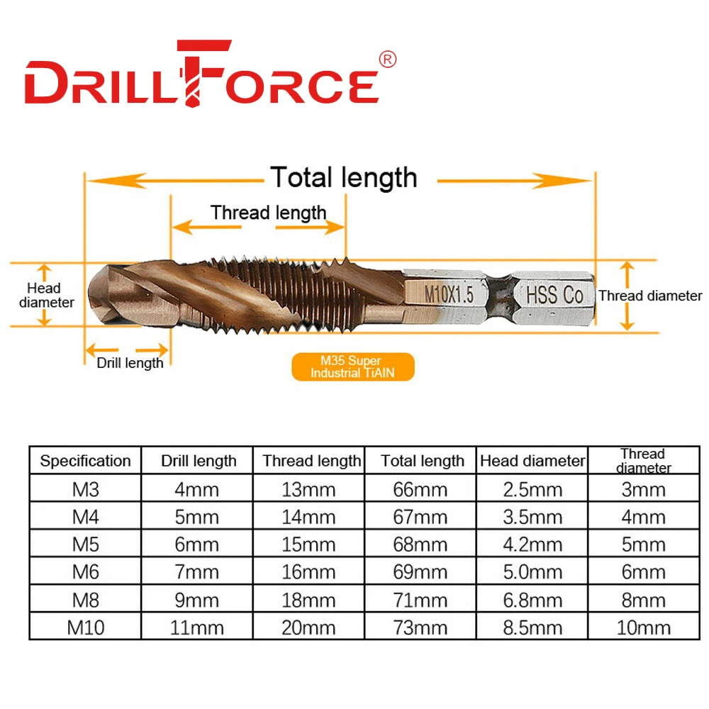 6PCS M3-M10 Screw Tap Drill Bits HSSCO M35 Cobalt Taps Metric Combination Bit 1/4\