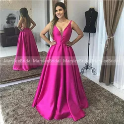 Cheapest Fuchsia Pink Prom Dress Spaghetti Straps Satin V-neck Floor Length A-line Formal Party Gowns Open Back vestidos de gala