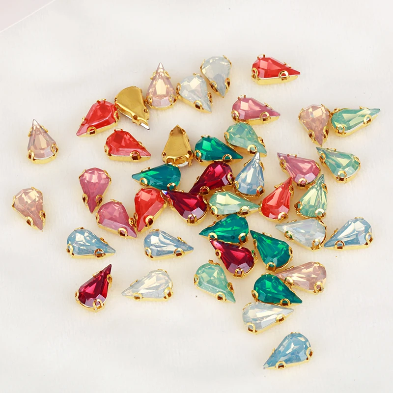 8x13/10x14/13x18mm Teardrop Opal Crystal Resin Sew On Rhinestones Flatback Gold Claw Sewing Stone For Clothing Craft Accessories