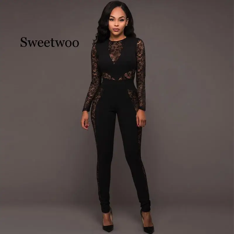 Women Lace Hollow out Jumpsuit Patchwork Sexy High Waist Pencil Pants Zipper Night Club Rompers