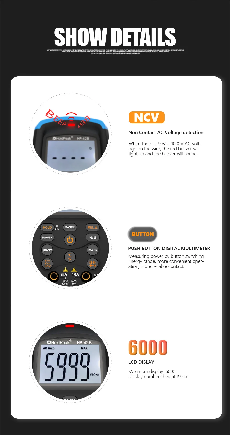 Multimetro digitale TRMS 6000 conta voltmetro amperometro ohmmetro per AC DC Volt e corrente, Ohm, capacità, Temp,Hz e Tester diodi