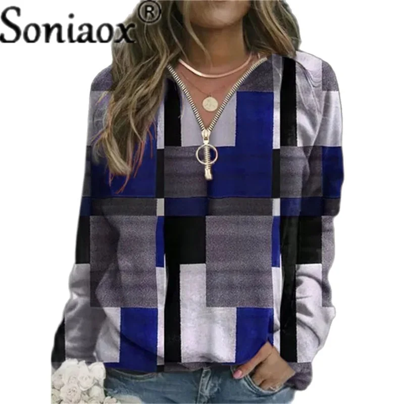 2021 Autumn Women Sweatshirts Loose Casual V Neck Zipper Long Sleeve Plaid Top Pullover Streetwear Ladies Fashion Ladies Hoodies