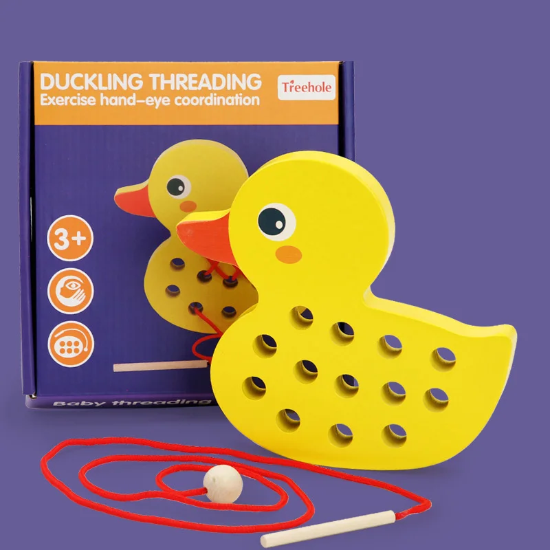 Kids Montessori Little Yellow Duck Whale Threading Game Early Childhood Teaching Aids Baby Exercise Hands-on Wooden Toys Gifts