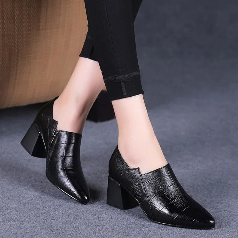 FHC New Women Pumps,Square High Heels,Soft PU Leather Work Shoes For Office Lady,Pointed Toe,Side Zipper,Black,Dropship