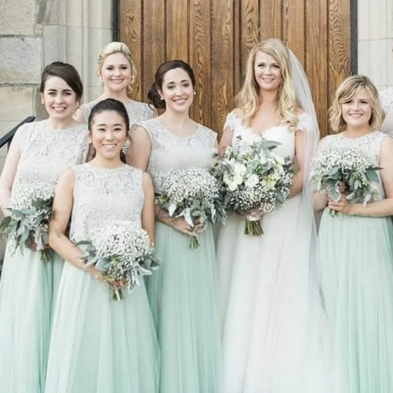 Vestido de dama de honor Formal de Boda Verde menta, con cuello redondo, apliques de encaje, longitud hasta el suelo, bata de noche para fiesta, hecho a medida, nuevo