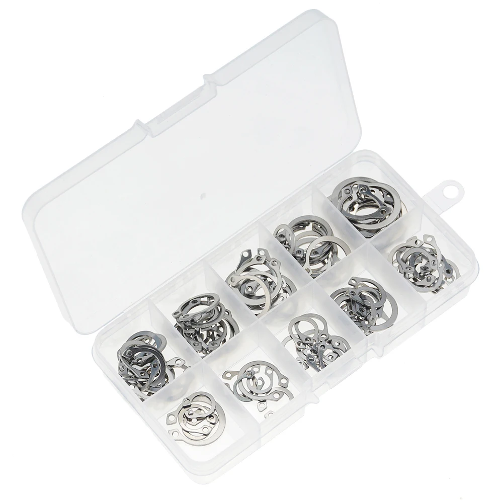 100PCS/Box Snap Retaining Ring Circlip Carbon Steel M8-M18 Assortment Kit Internal External Retaining Circlips C-Clip Washers