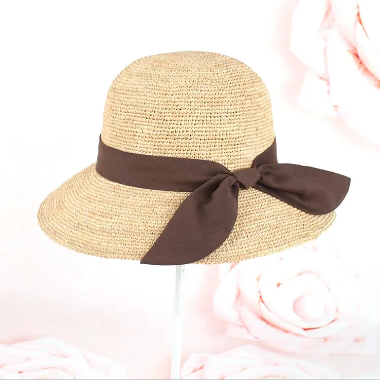 2024 Summer paper straw hat handmade raffia hat bowtie women's hat nice hats for women sun hat black and coffee ribbon straw hat