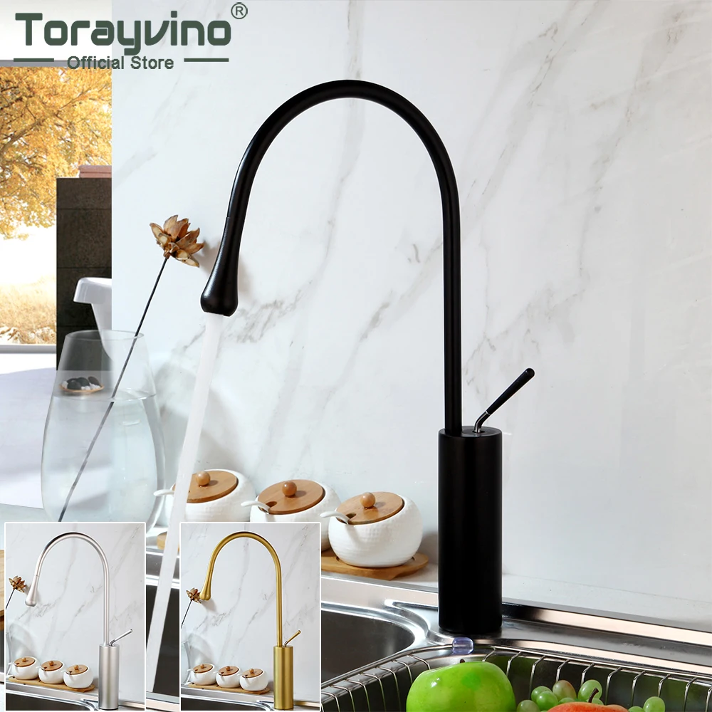

Torayvino 360 Swivel Spout Kitchen Faucet Solid Brass Counter Top Mixer Tap Washing Sink Faucet Deck Mount Black Bathroom Faucet