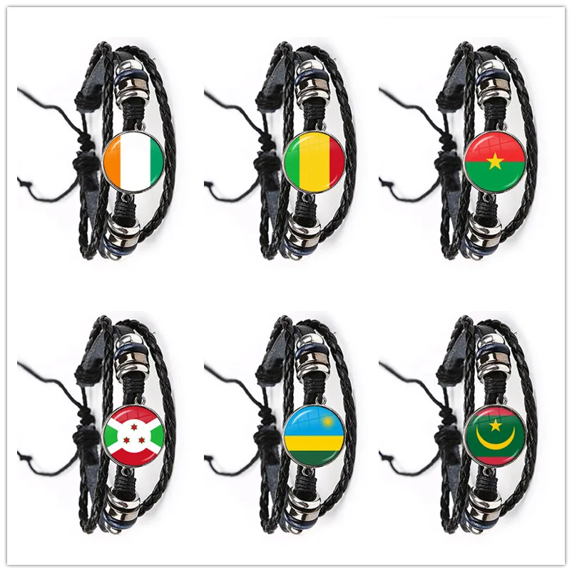 Mauritania,Mali,Rwanda,Coate d'Ivoire,Burundi,Burkina Faso, Kurdistan National Flag Leather Bracelet Glass Dome Bangle Jewelry