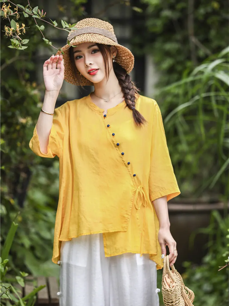 Summer new national style button top cotton linen retro Chinese ramie short sleeve shirt women sun proof blouse