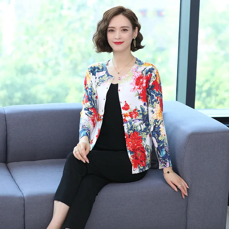 

Women's Vintage Printing Sweater Cardigan Autumn & Winter Single Breasted Flowers Knitwear Female Floral Printed Sweater Coat