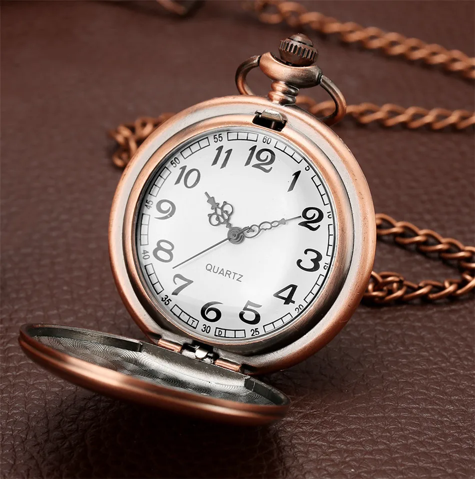 Vintage Red Copper Pocket Watch Double Smooth Hunters Arabic Numerals Display Punk Pocket Chain Pendant Clock Quartz Movement