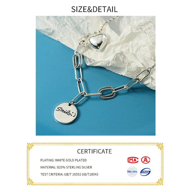 BFCLUB Silver Color necklace ladies elegant chain necklace fashion smile face heart sterling silver jewelry round r necklace