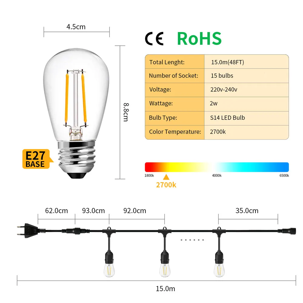 LED String Light IP65 15M 15Bulbs Plastic Bulbs S14 String Lights E27 For Outdoor Garden Patio Holiday Wedding Light String