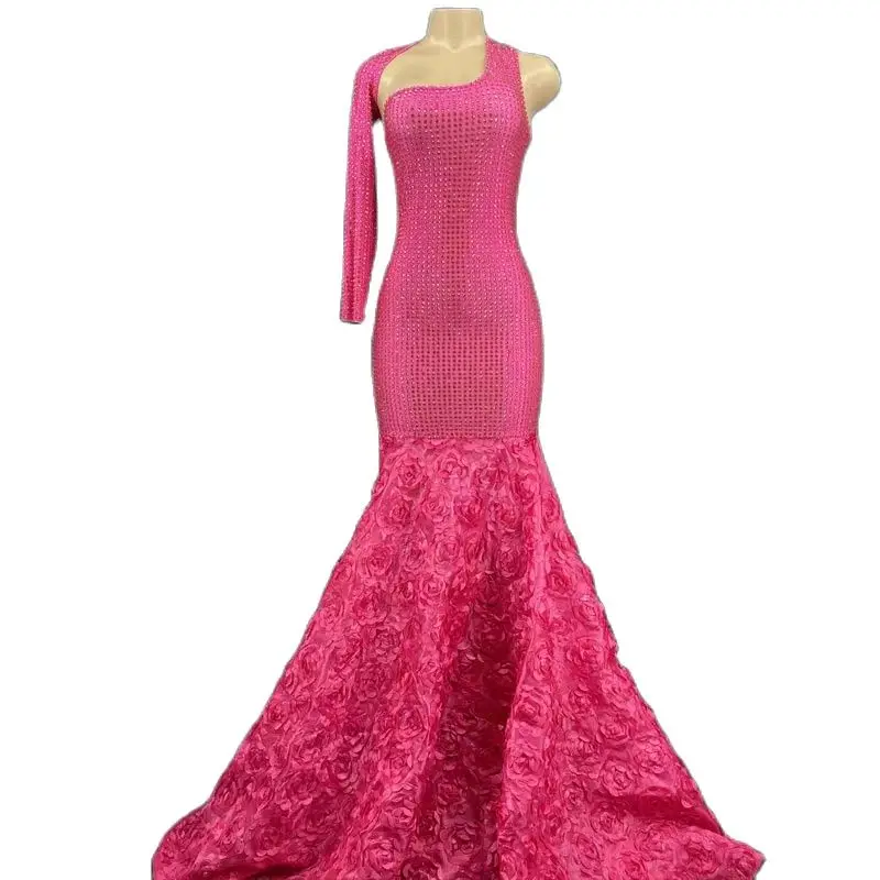 Volledige Stenen Avond Vieren Lange Trein Jurk Vrouwen Prom Outfit Verjaardag Grote Staart Kostuum Fashion Rose Flower Party Jurken