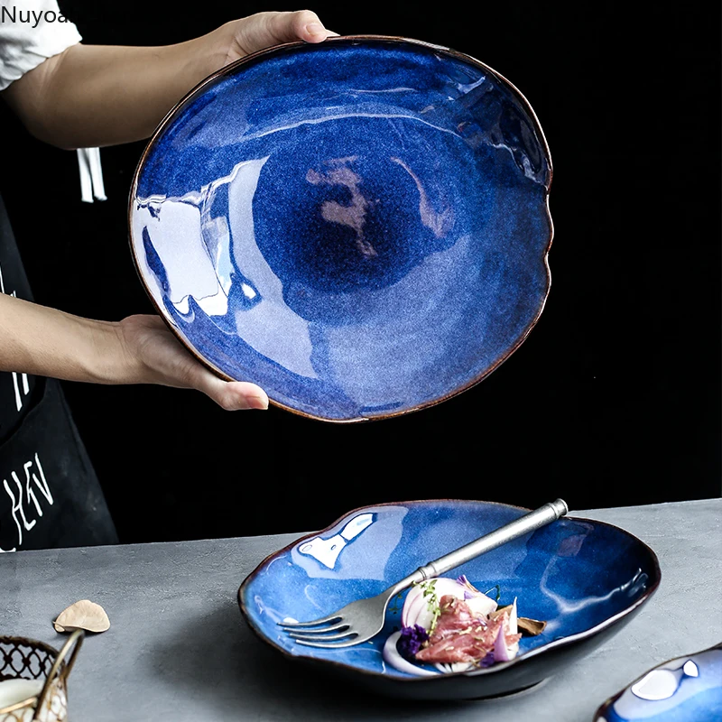 Household Ceramic Dinner Plate European Style Blue Glaze Salad Bowl Irregular Tableware Western Dinner Plate/kitchen Supplies