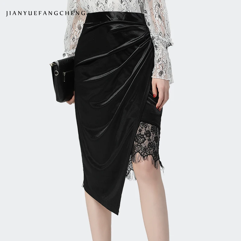 Women Black Velour Short Skirts With Lace Edge Deco Asymmetrical Pleated Sexy Elegant Office Ladies Autumn Winter Pencil Skirts