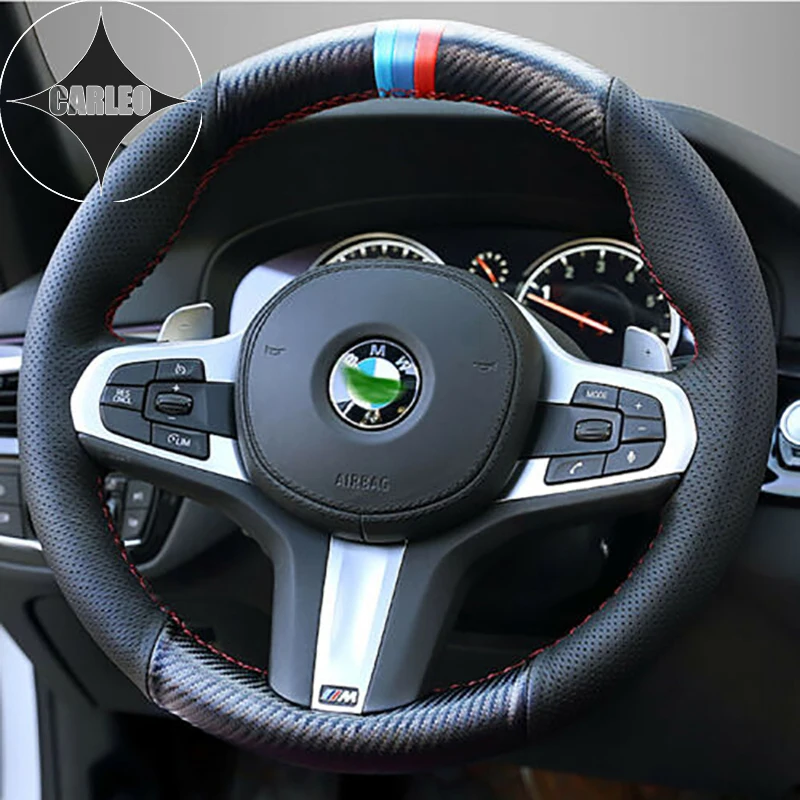 

DIY Car Steering Wheel Cover for BMW G21 Black Carbon Fiber&Genuine Perforated Leather Custom Hand Stitching Holder