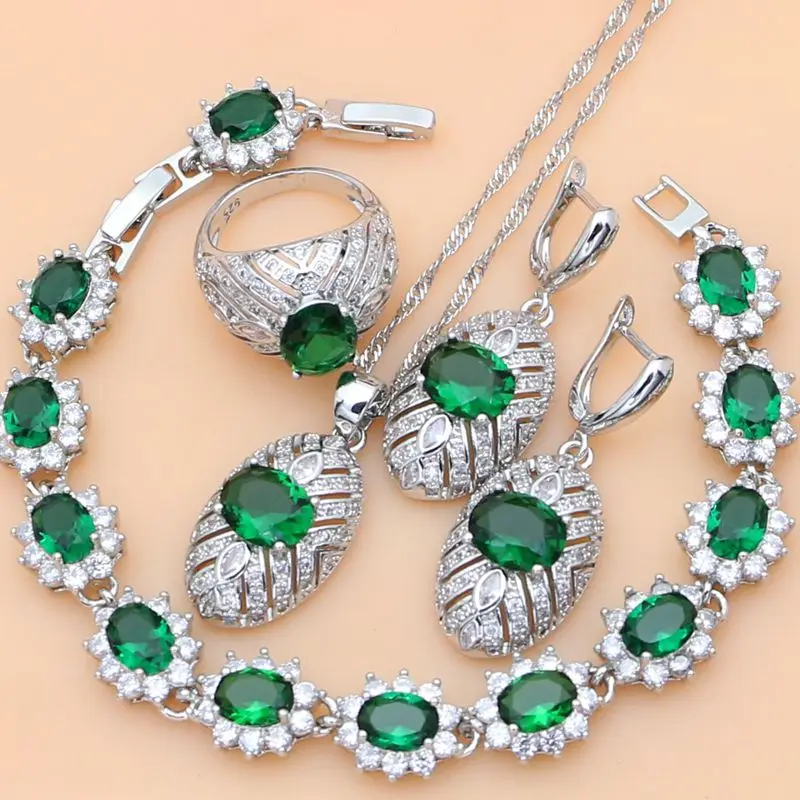 

925 Silver Jewelry Sets Green Zircon White Birthstone For Women Earrings/Pendant/Rings/Bracelet/Necklace Set Dropshipping