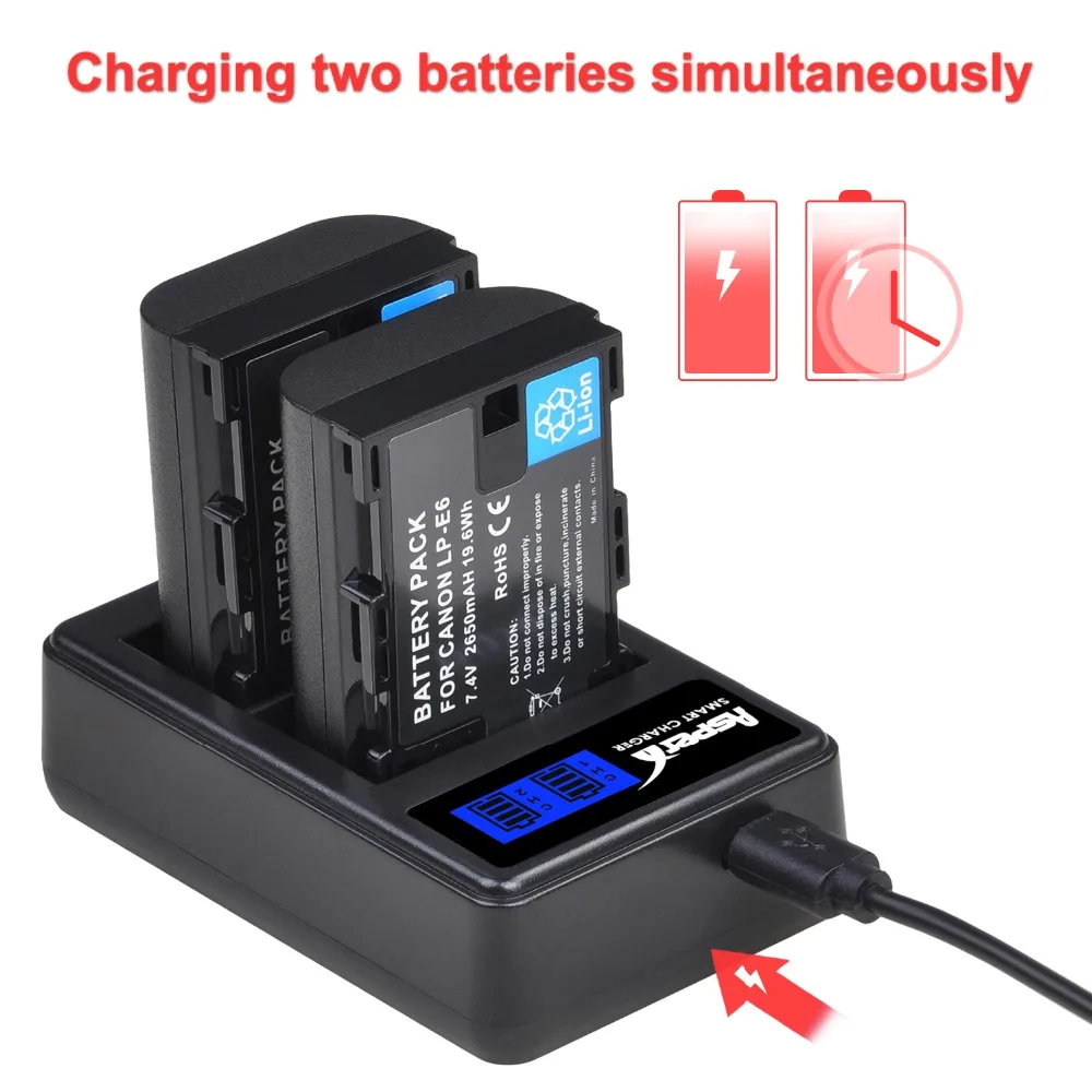 2650mAh LP-E6 LP-E6N 배터리 LPE6 LP E6 E6N Bateria + 캐논 EOS 5D Mark II III 50D 6D 60D 7D 70D 80D 90D EOS R 용 듀얼 충전기