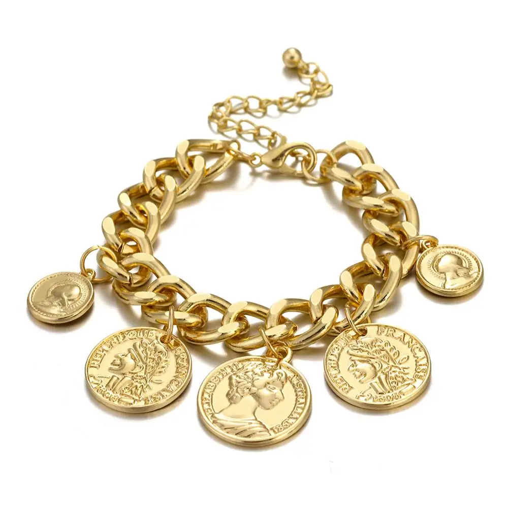 ALLYES Gold Color Chain Coins Bracelet Personality Vintage Portrait Charms Bracelets For Women Fashion Accessories