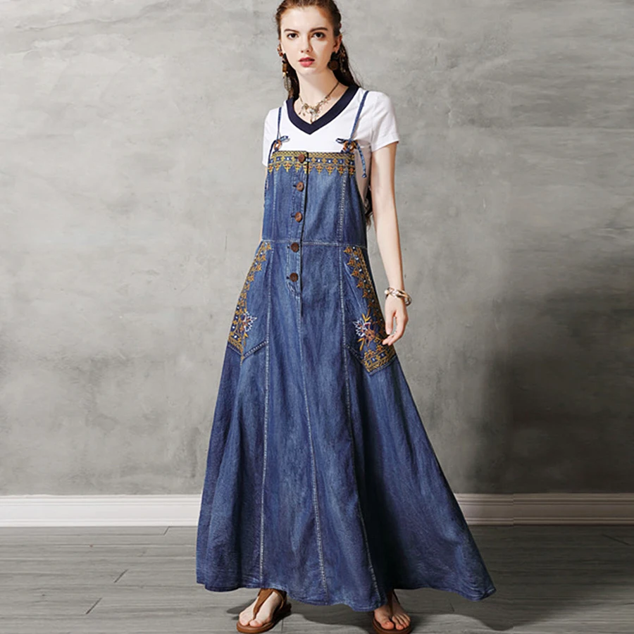 

TEELYNN denim stappy dresses boho sleeveless summer dress bule cotton ethnic Embroidery Gypsy maxi dresses women robe vestidos