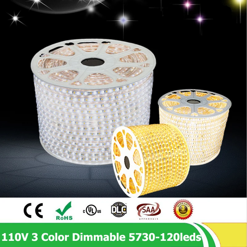 50m/lot AC110V SMD5730 Led Strip 5630 Natural White 3 Color Change Dimmable Flexible Tape Light IP67 Waterproof With Controller