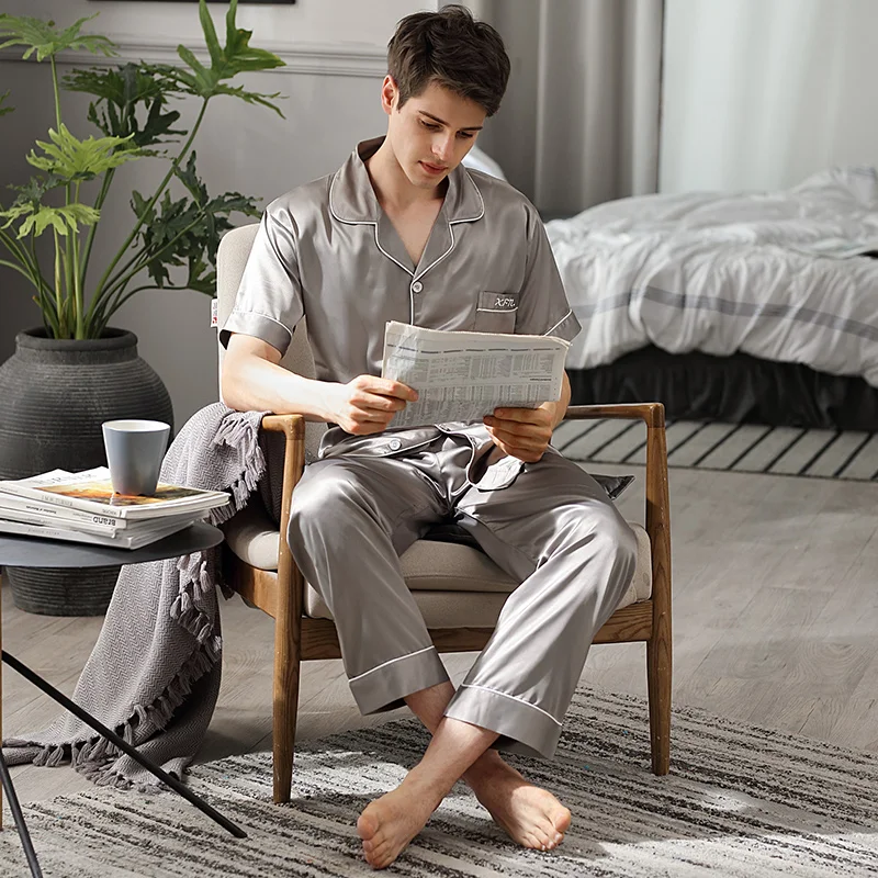 Summer Sleepwear Male Short Sleeve Long Pants Two-Piece Pajama Sets Ice Silk Thin Men Pyjamas Homewear 9006B