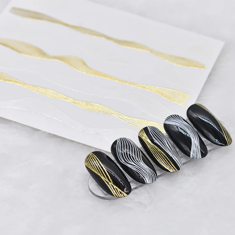 10PCS 3D Gold And Silver Black And White Line Nail Art Stickers DIY Curve With Self-adhesive Nail Art Decoration Decals