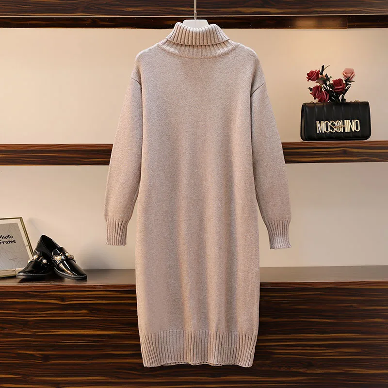 Knitted dress autumn and winter women\'s loose long sweater pullover turtleneck solid casual female