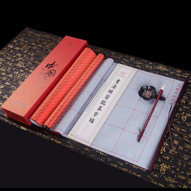 Adult Chinese Water Writing Cloth Axis High Grade Calligraphy Practice No Ink Magic Copybook Set Chinese Scroll with Gift Boxes