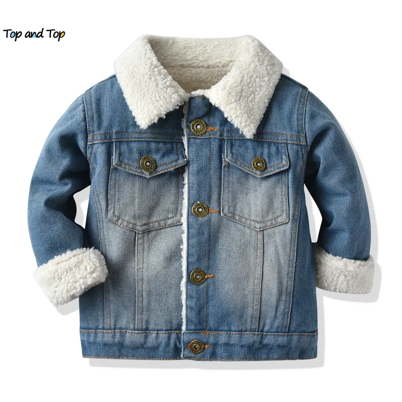 

top and top Winter Toddler Baby Boys Girls Denim Warm Jacket Kids Fleece Thicken Lapel Coat Tops Children Flannel Outerwear 0-6Y