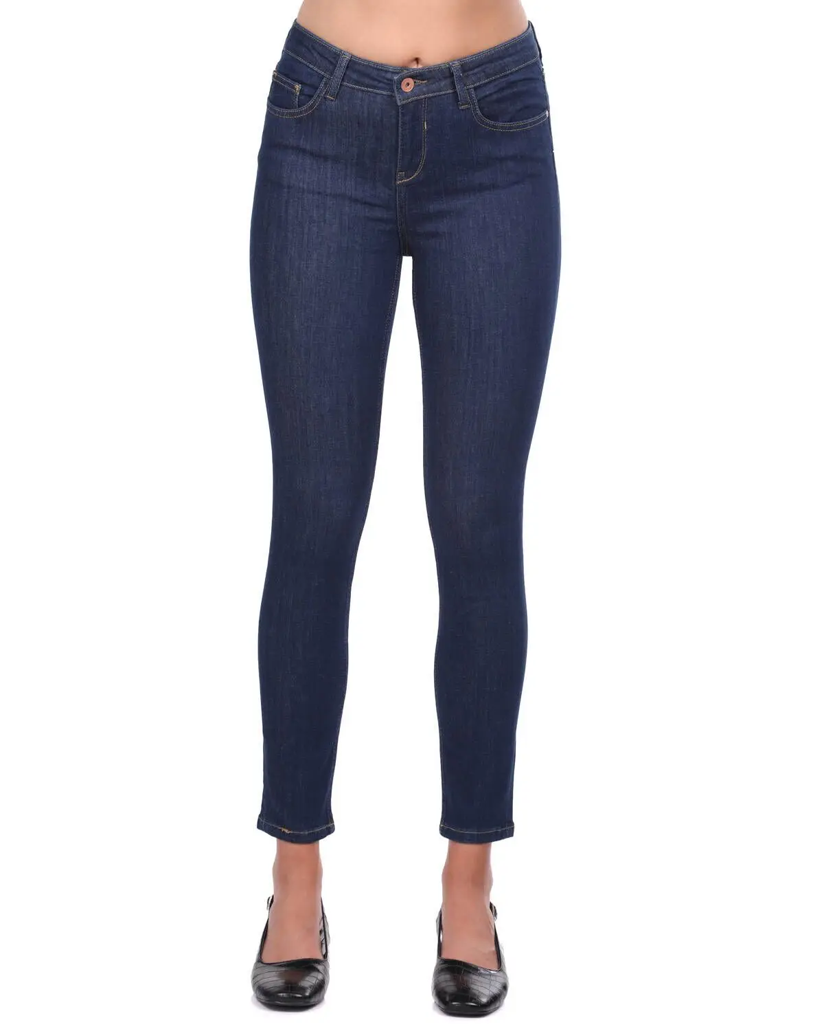 Blue White Women Mid Waist Dark Jean Pants