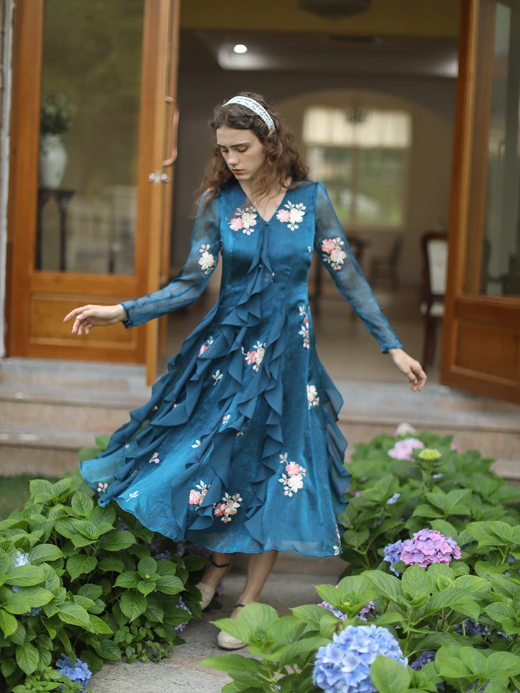 LYNETTE\'S CHINOISERIE Spring Summer New Women French Style Cottagecore Mori Girls Flower Embroidery Ruffled Chiffon Blue Dresses