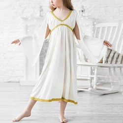 Girls Greek Princess Church Celebration Praise Liturgical Dance Dress V-neckline Gold Trim Roman Cosplay Dance Party Costumes