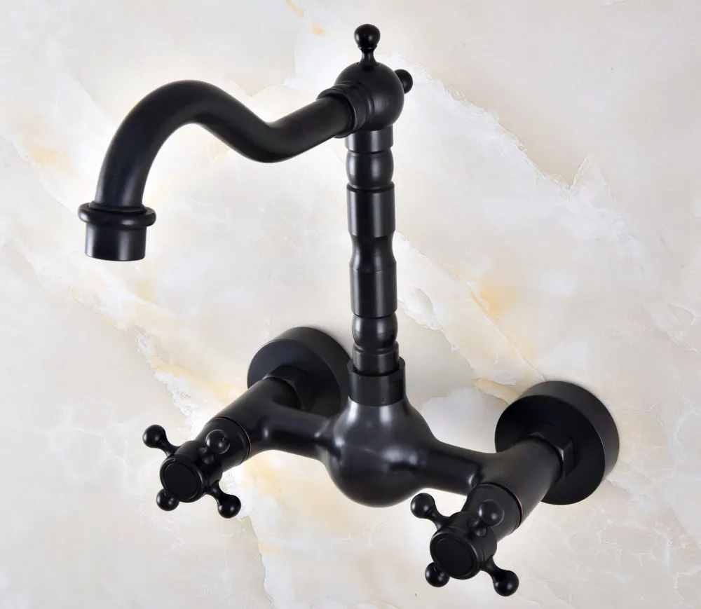 Black Oil Rubbed Bronze Wall Mounted Bathroom Kitchen Sink Faucet Swivel Spout Mixer Tap Dual Cross Handles anf848