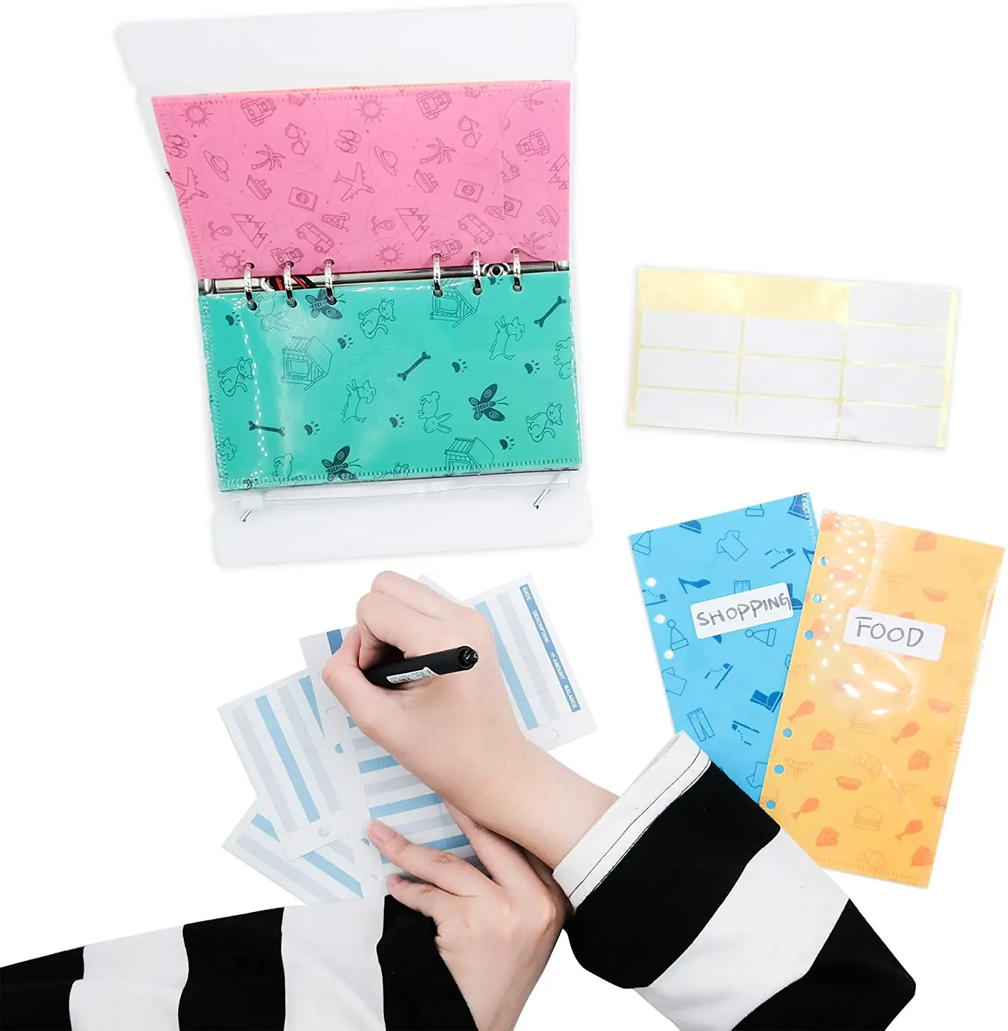 Plastic Budget Wallet for Cash Savings Reusable Cash Envelopes Binder Budget System with 12 Budget Sheets and 2 Stickers,1 Pouch