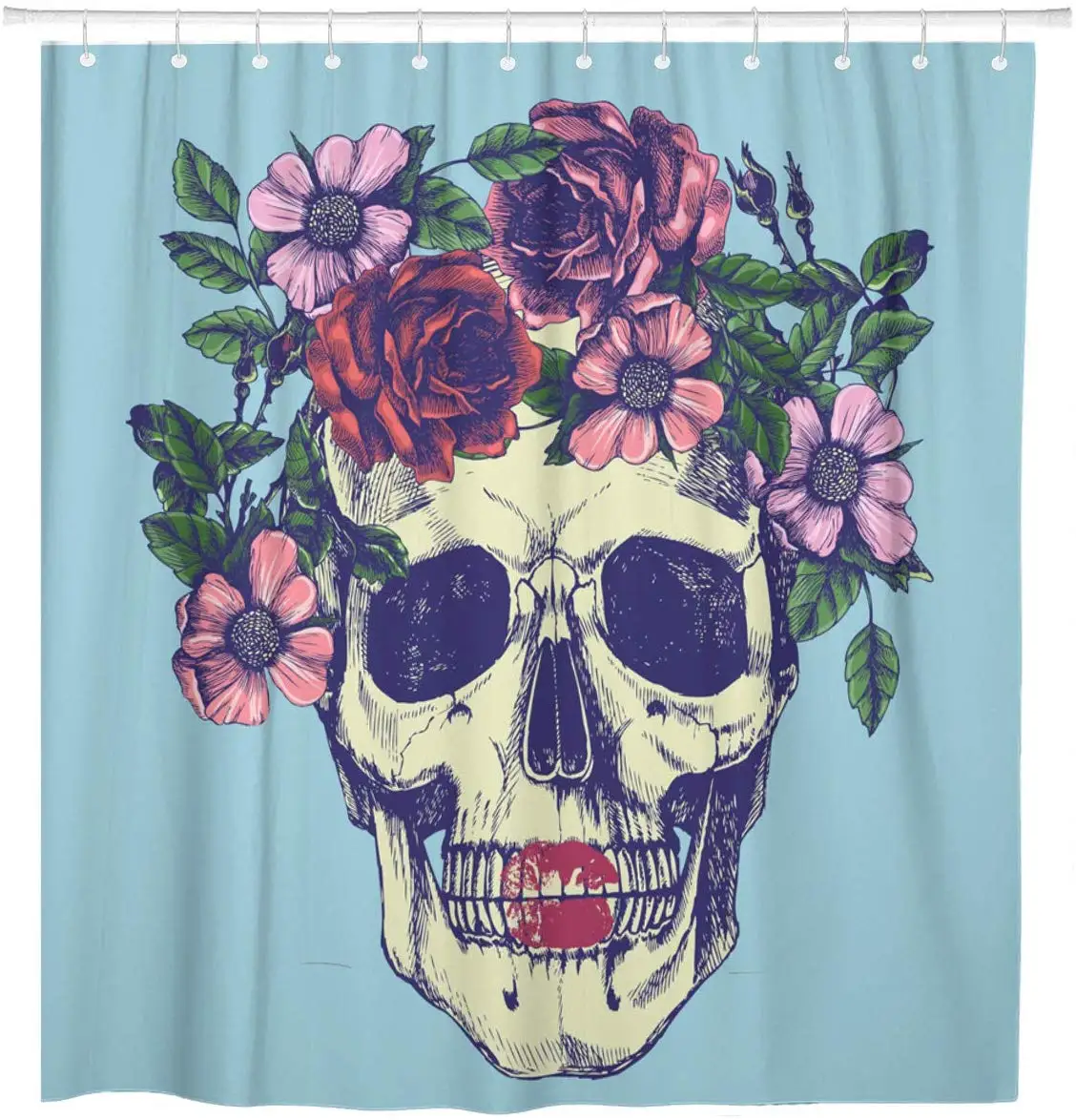 Sugar Human Skull and Flower Wreath Los Muertos Kiss Shower Curtain Waterproof 72 x 78 Inches Set with Hooks