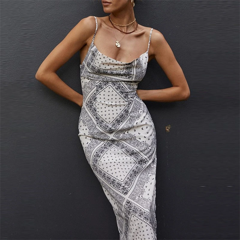 Ardm Sexy лелетнее женское2021 Spaghetti Strap Dress High Split Geometry Print Boho Summer Maxi Dress Women Vestido