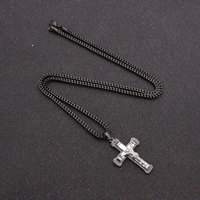 New Arrival Women's Simple Cross Pendant Necklace 2.5MM/60CM Chain Stainless Steel Black Mens Cross Necklace For women Best Gift