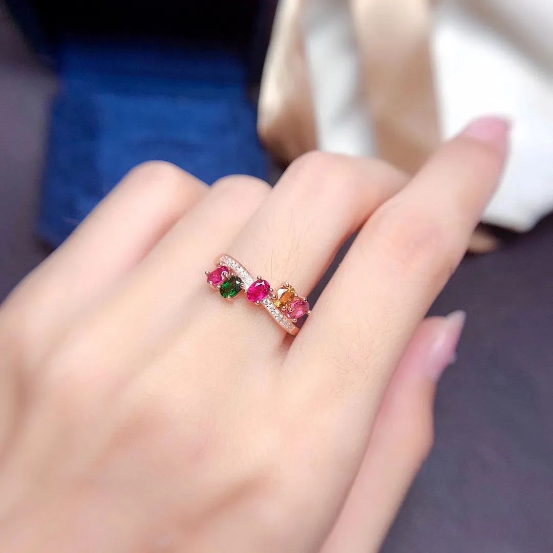 100% Natural Multi-color Tourmaline Silver Ring for Young Girl 3mm*4mm Tourmaline Ring 925 Silver Tourmaline Jewelry