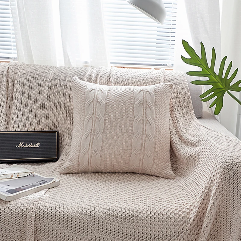 Double Cable Knit Cushion Cover Vintage Coffee Ivory Grey Pink Coffee Solid Pillow Case  45cm*45cm Soft  5 colors for choose