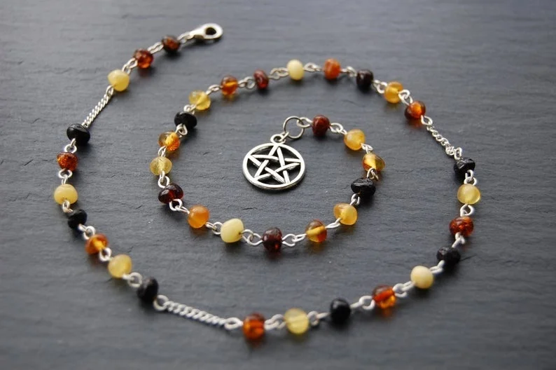 Travel Size Baltic Amber Witch's Ladder/Prayer Beads/Necklace with Pentacle