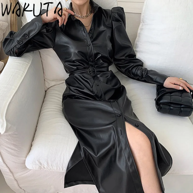 WAKUTA PU Leather Black Dress Women Korean Fashion Slim Belt Shoulder Pads Dress Blousas Elegant Split Puff Sleeve Streetwear