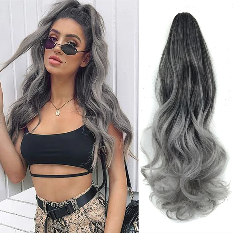 Ombre Grey Drawstring Ponytail Long Wavy Curly Overhead Ponytail Clip in Hair Extensions de cabello Natural Synthetic Hairpieces