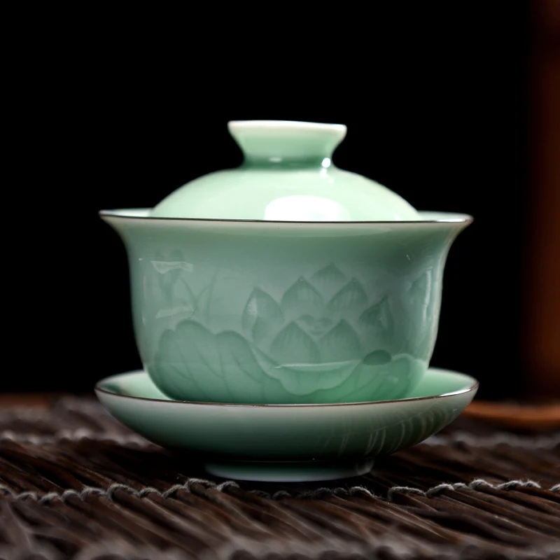 

|Longquan celadon covered bowl, ceramic tea cup, kungfu tea set, home Handmade Large Single Sancai tea bowl