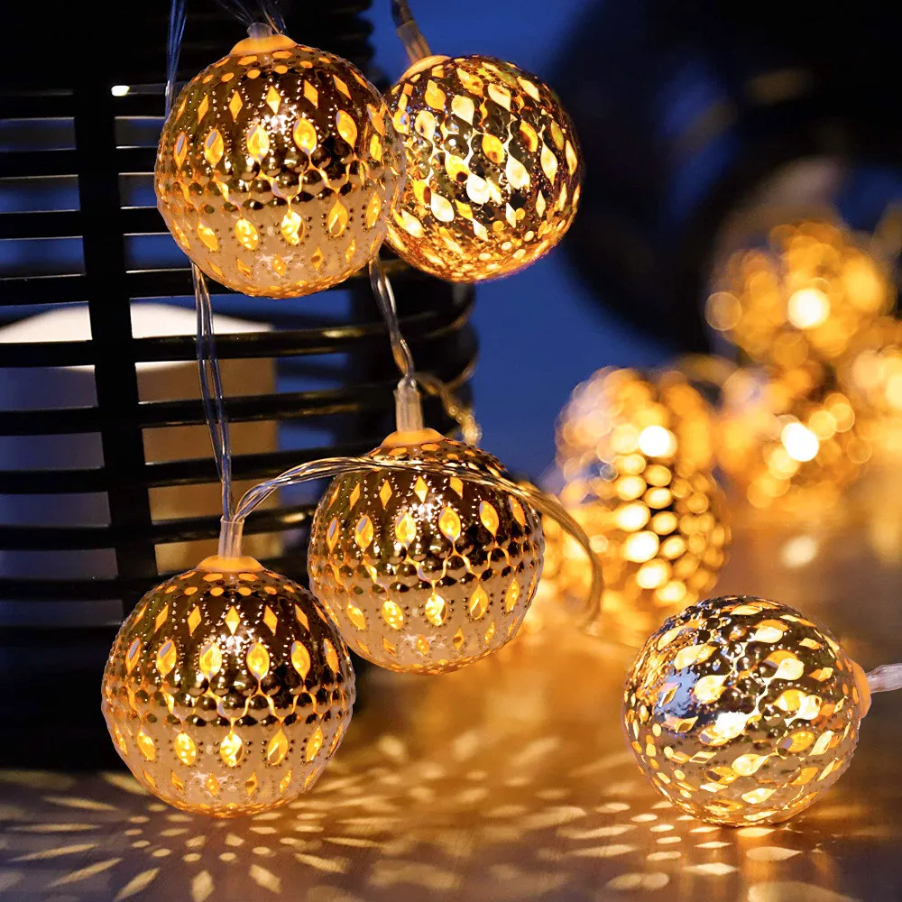 Battery Powered Moroccan Orb Silver Metal Balls String Lights LED Globe Light Christmas Holiday Wedding Garland Home Party Decor